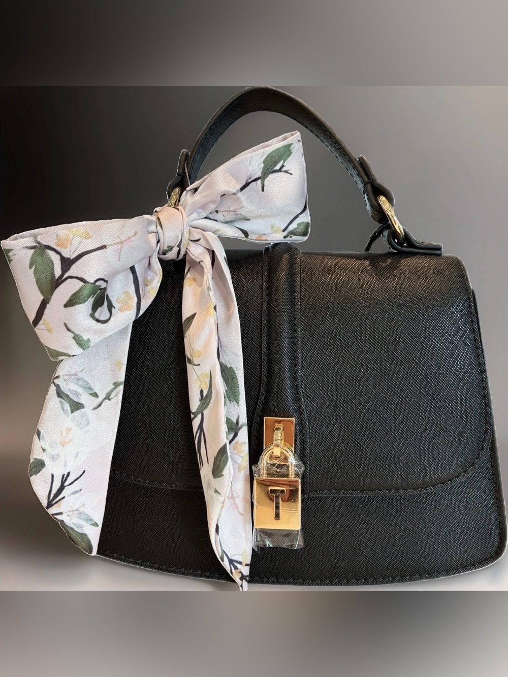 NWT Ted Baker Black Saffiano Leather Crossbody Satchel Floral Scarf Padlock Bag